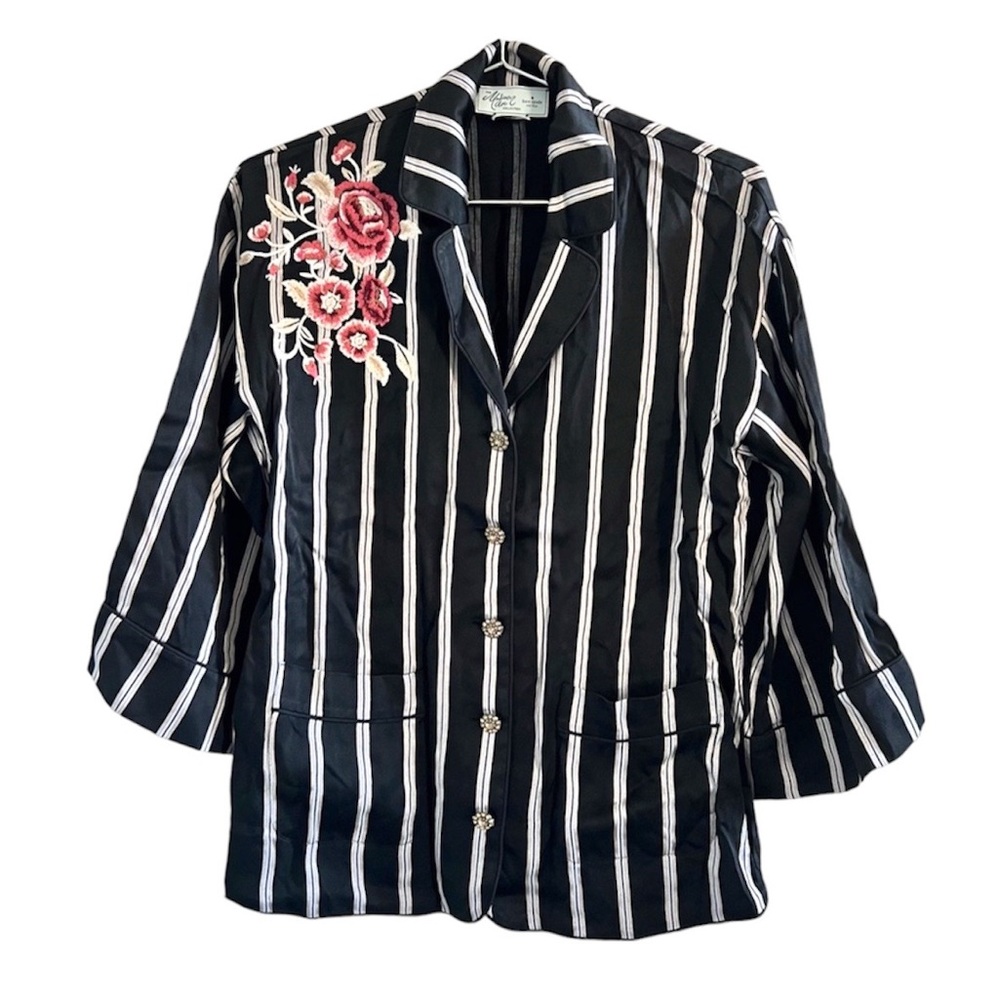 Kate Spade Madison Ave Black and White Striped Blazer with Floral Embroidery